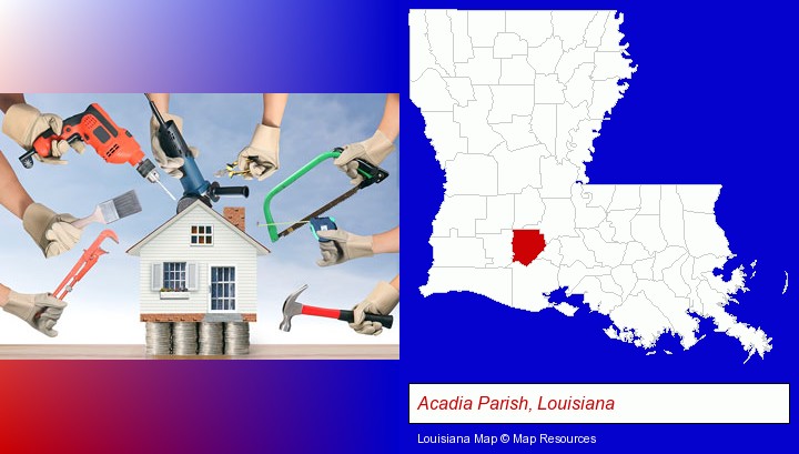 home improvement concepts and tools; Acadia Parish, Louisiana highlighted in red on a map