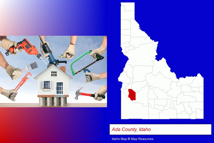 home improvement concepts and tools; Ada County, Idaho highlighted in red on a map
