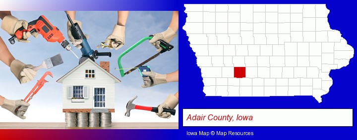 home improvement concepts and tools; Adair County, Iowa highlighted in red on a map
