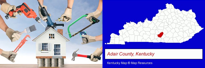 home improvement concepts and tools; Adair County, Kentucky highlighted in red on a map