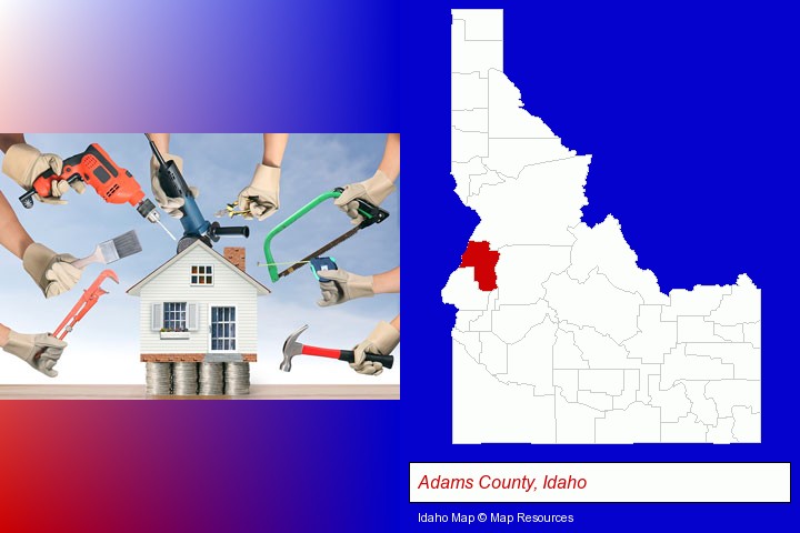 home improvement concepts and tools; Adams County, Idaho highlighted in red on a map