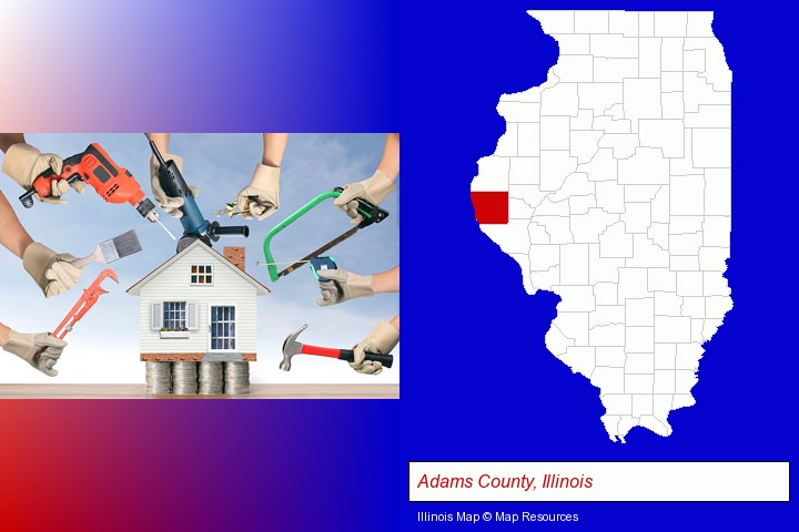 home improvement concepts and tools; Adams County, Illinois highlighted in red on a map