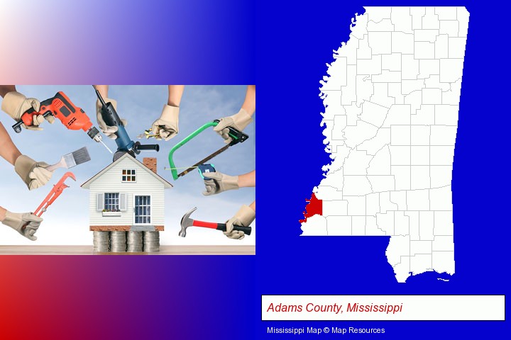 home improvement concepts and tools; Adams County, Mississippi highlighted in red on a map