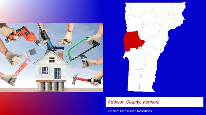 home improvement concepts and tools; Addison County, Vermont highlighted in red on a map