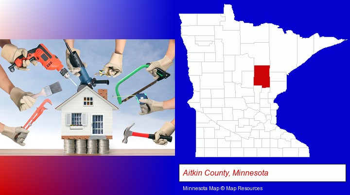 home improvement concepts and tools; Aitkin County, Minnesota highlighted in red on a map