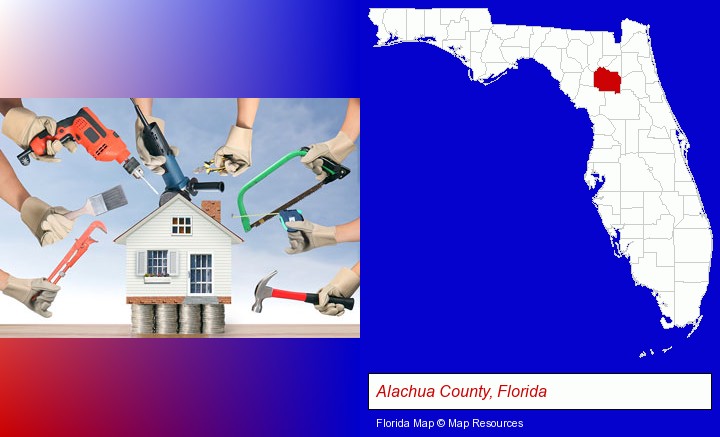 home improvement concepts and tools; Alachua County, Florida highlighted in red on a map