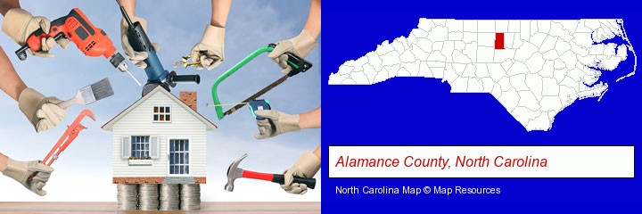 home improvement concepts and tools; Alamance County, North Carolina highlighted in red on a map
