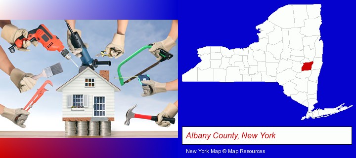 home improvement concepts and tools; Albany County, New York highlighted in red on a map