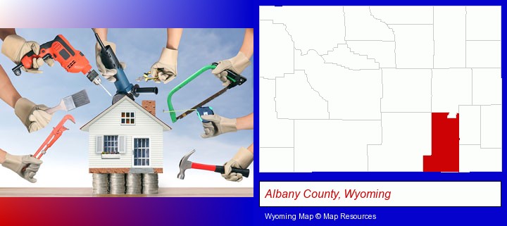 home improvement concepts and tools; Albany County, Wyoming highlighted in red on a map