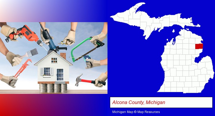 home improvement concepts and tools; Alcona County, Michigan highlighted in red on a map
