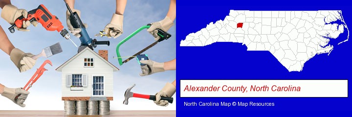 home improvement concepts and tools; Alexander County, North Carolina highlighted in red on a map
