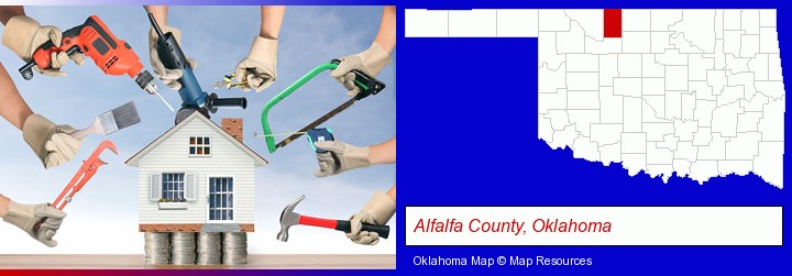 home improvement concepts and tools; Alfalfa County, Oklahoma highlighted in red on a map