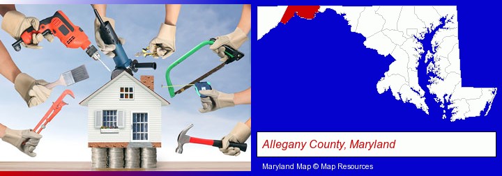 home improvement concepts and tools; Allegany County, Maryland highlighted in red on a map