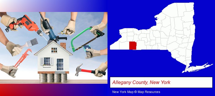 home improvement concepts and tools; Allegany County, New York highlighted in red on a map