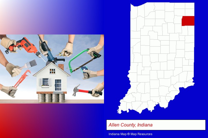 home improvement concepts and tools; Allen County, Indiana highlighted in red on a map