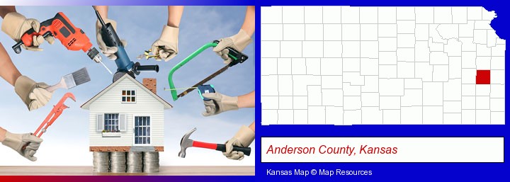home improvement concepts and tools; Anderson County, Kansas highlighted in red on a map
