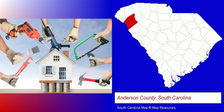 home improvement concepts and tools; Anderson County, South Carolina highlighted in red on a map