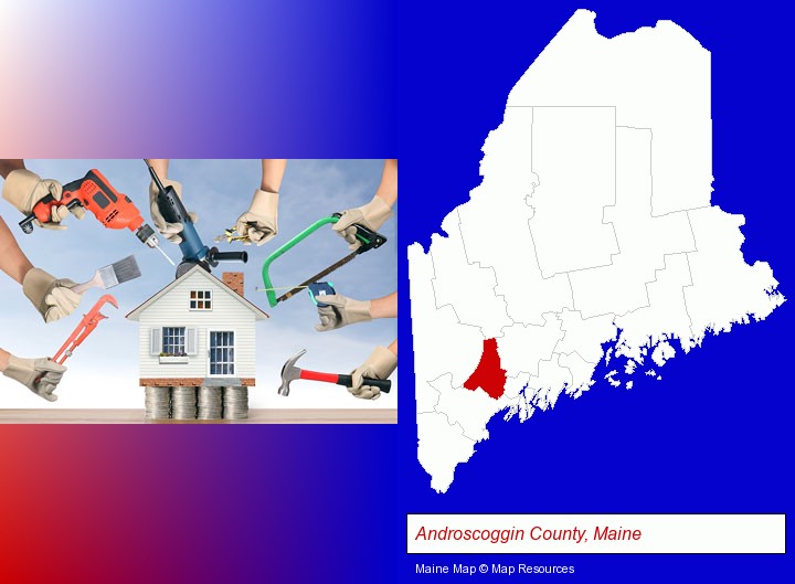 home improvement concepts and tools; Androscoggin County, Maine highlighted in red on a map