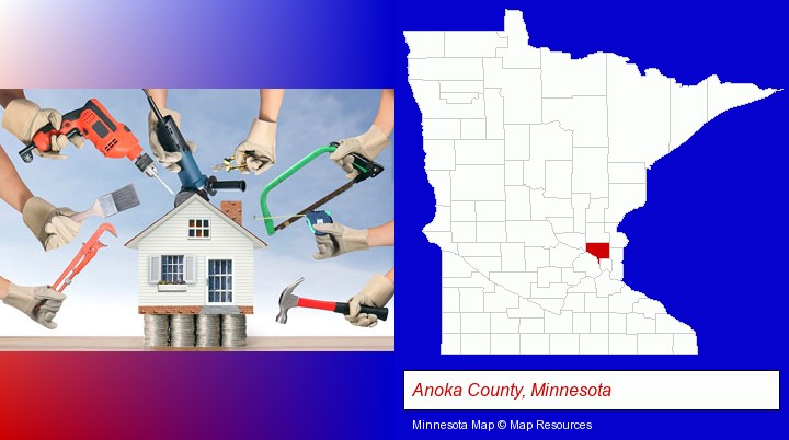 home improvement concepts and tools; Anoka County, Minnesota highlighted in red on a map