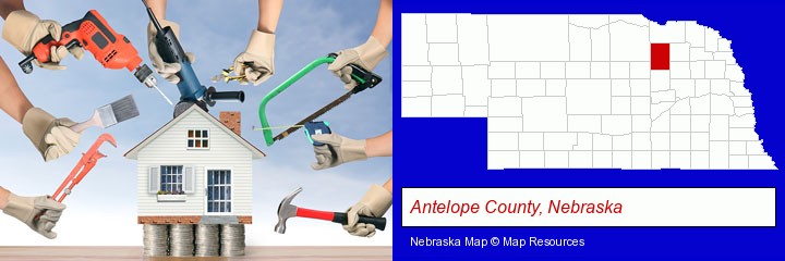 home improvement concepts and tools; Antelope County, Nebraska highlighted in red on a map