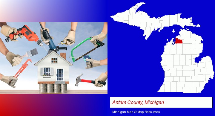 home improvement concepts and tools; Antrim County, Michigan highlighted in red on a map