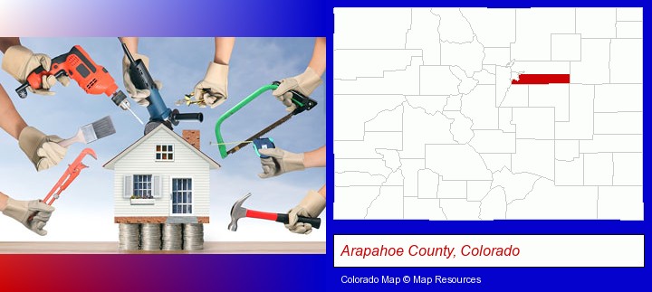 home improvement concepts and tools; Arapahoe County, Colorado highlighted in red on a map