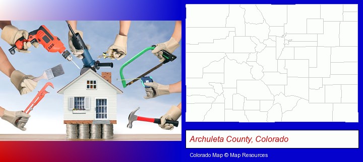 home improvement concepts and tools; Archuleta County, Colorado highlighted in red on a map