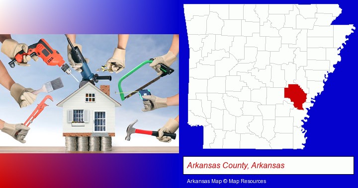 home improvement concepts and tools; Arkansas County, Arkansas highlighted in red on a map