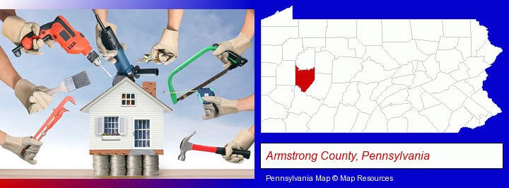 home improvement concepts and tools; Armstrong County, Pennsylvania highlighted in red on a map