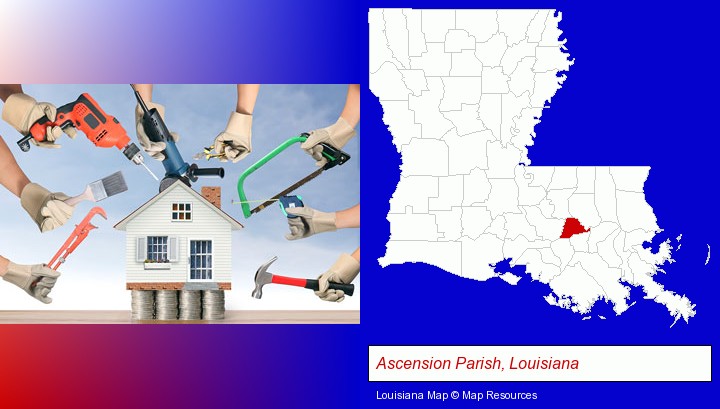 home improvement concepts and tools; Ascension Parish, Louisiana highlighted in red on a map