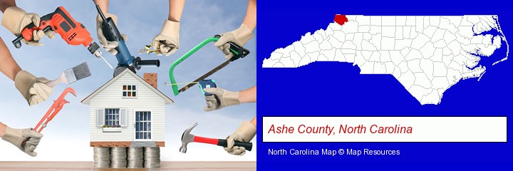 home improvement concepts and tools; Ashe County, North Carolina highlighted in red on a map