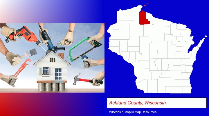 home improvement concepts and tools; Ashland County, Wisconsin highlighted in red on a map