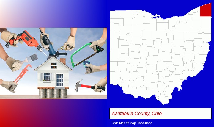 home improvement concepts and tools; Ashtabula County, Ohio highlighted in red on a map