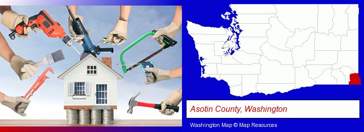 home improvement concepts and tools; Asotin County, Washington highlighted in red on a map