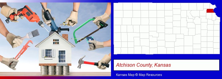 home improvement concepts and tools; Atchison County, Kansas highlighted in red on a map