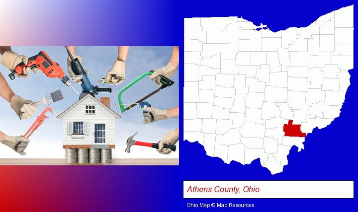 home improvement concepts and tools; Athens County, Ohio highlighted in red on a map