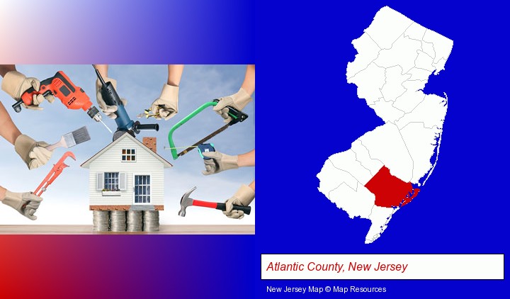 home improvement concepts and tools; Atlantic County, New Jersey highlighted in red on a map