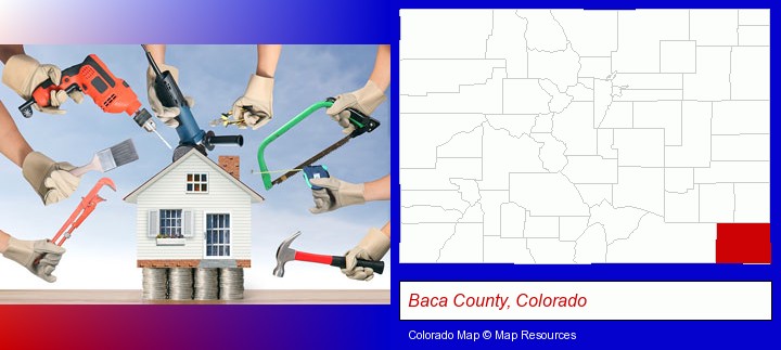 home improvement concepts and tools; Baca County, Colorado highlighted in red on a map