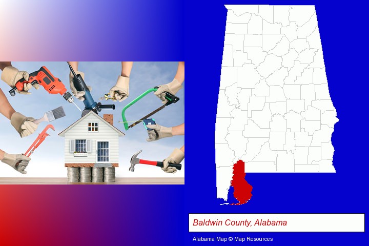 home improvement concepts and tools; Baldwin County, Alabama highlighted in red on a map