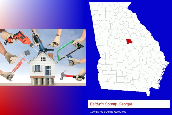 home improvement concepts and tools; Baldwin County, Georgia highlighted in red on a map