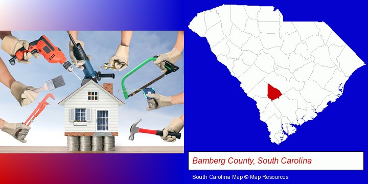 home improvement concepts and tools; Bamberg County, South Carolina highlighted in red on a map