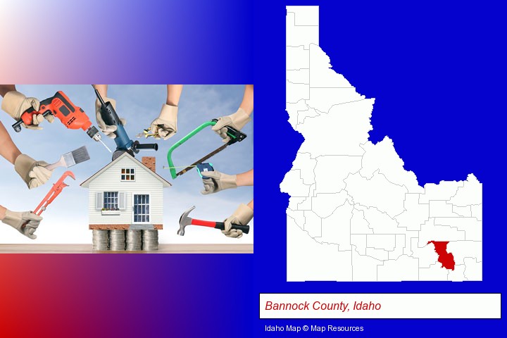 home improvement concepts and tools; Bannock County, Idaho highlighted in red on a map