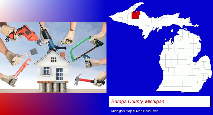 home improvement concepts and tools; Baraga County, Michigan highlighted in red on a map