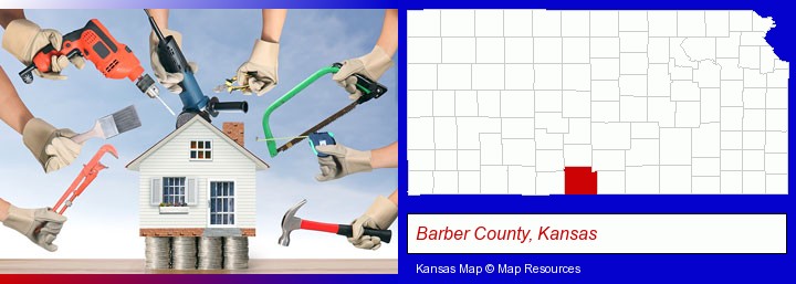 home improvement concepts and tools; Barber County, Kansas highlighted in red on a map