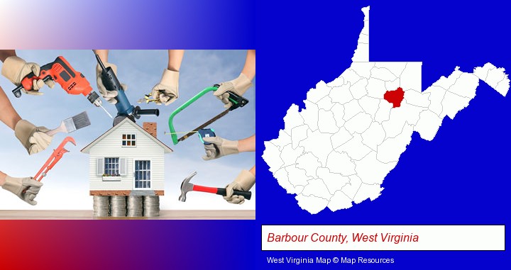 home improvement concepts and tools; Barbour County, West Virginia highlighted in red on a map