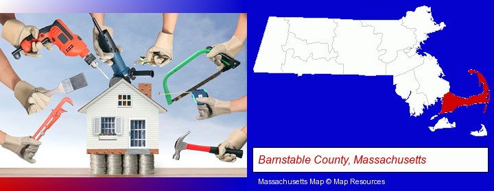 home improvement concepts and tools; Barnstable County, Massachusetts highlighted in red on a map