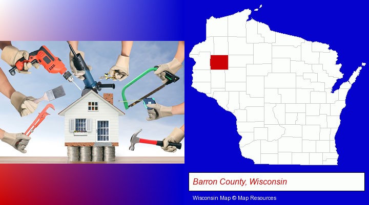 home improvement concepts and tools; Barron County, Wisconsin highlighted in red on a map