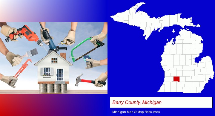 home improvement concepts and tools; Barry County, Michigan highlighted in red on a map
