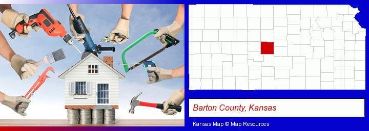 home improvement concepts and tools; Barton County, Kansas highlighted in red on a map