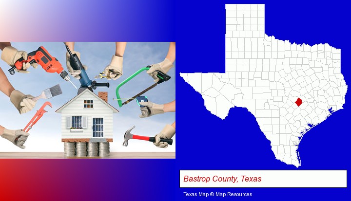 home improvement concepts and tools; Bastrop County, Texas highlighted in red on a map